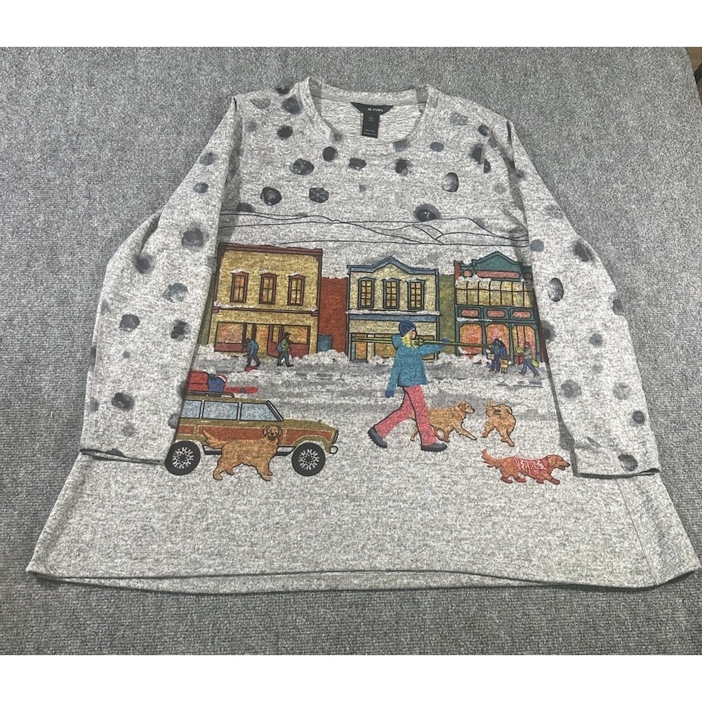 Ali Miles Tunic Top Womens Large Knit Winter Dog Ski Snow Town Holiday Artsy